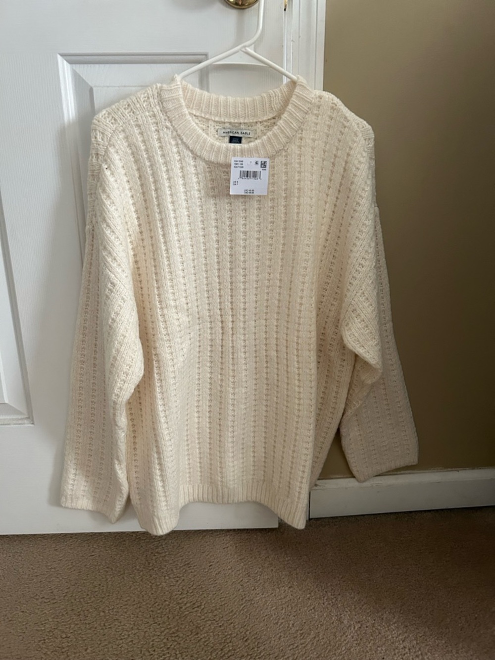 American Eagle Outfitters Cream Textured Cable Crewneck Sweater
